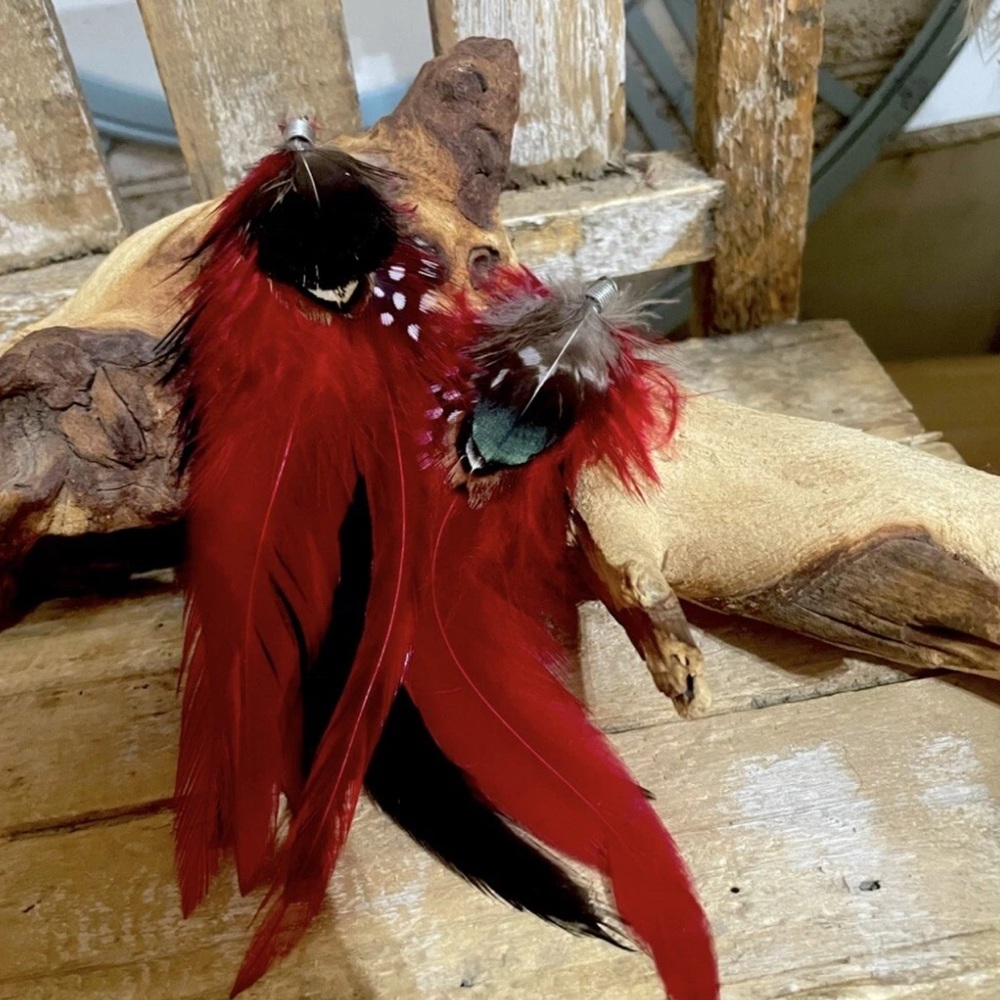 Handcrafted Red/Black Feather Earrings for Women Dangling Feather NEW